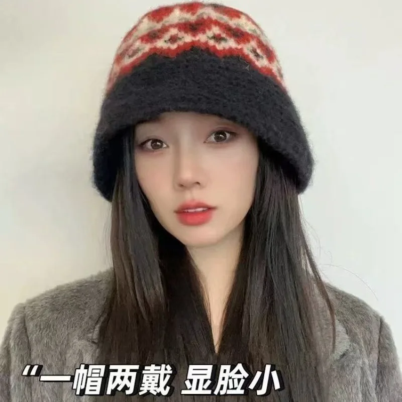 Women Knitted Bucket Hat Autumn Winter Warm Earflap Face Slimming All Match Woolen Cold Weather Cap