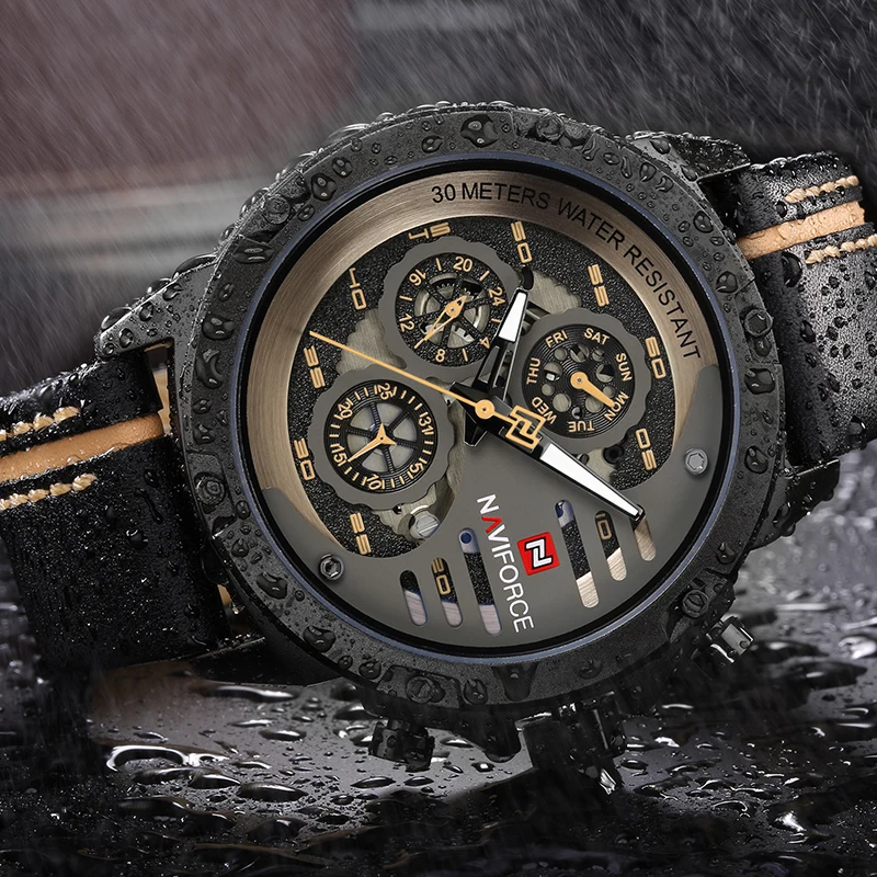 NAVIFORCE Fashion Multi-Function Watch Men Waterproof Quartz Leather Wristwatch Military Sport Date Male Clock Relogio Masculino