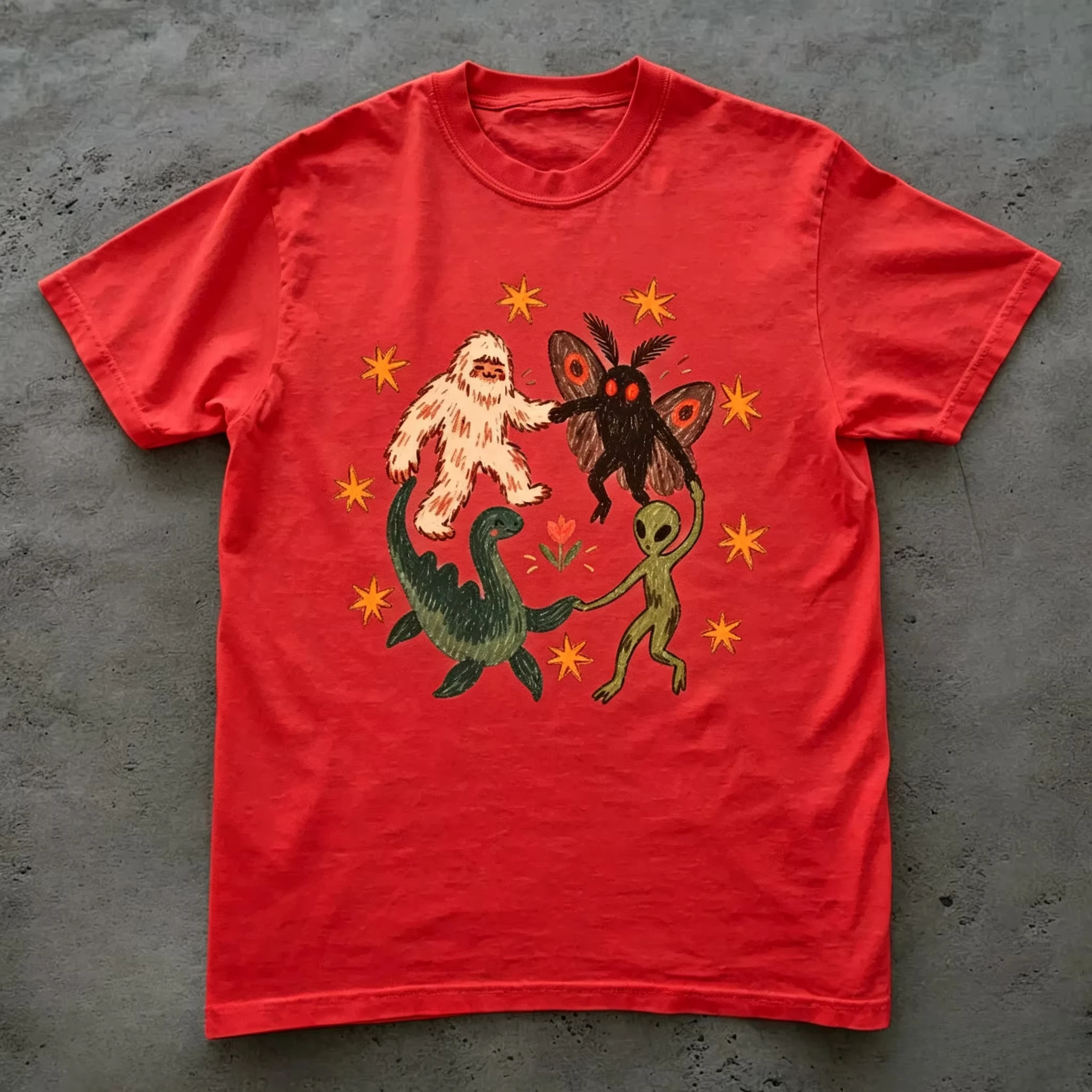 Retro Cartoon Casual Streetwear Cryptid Creatures T Shirt Bigfoot Mothman Alien Loch Ness Monster Print T-shirt Unisex