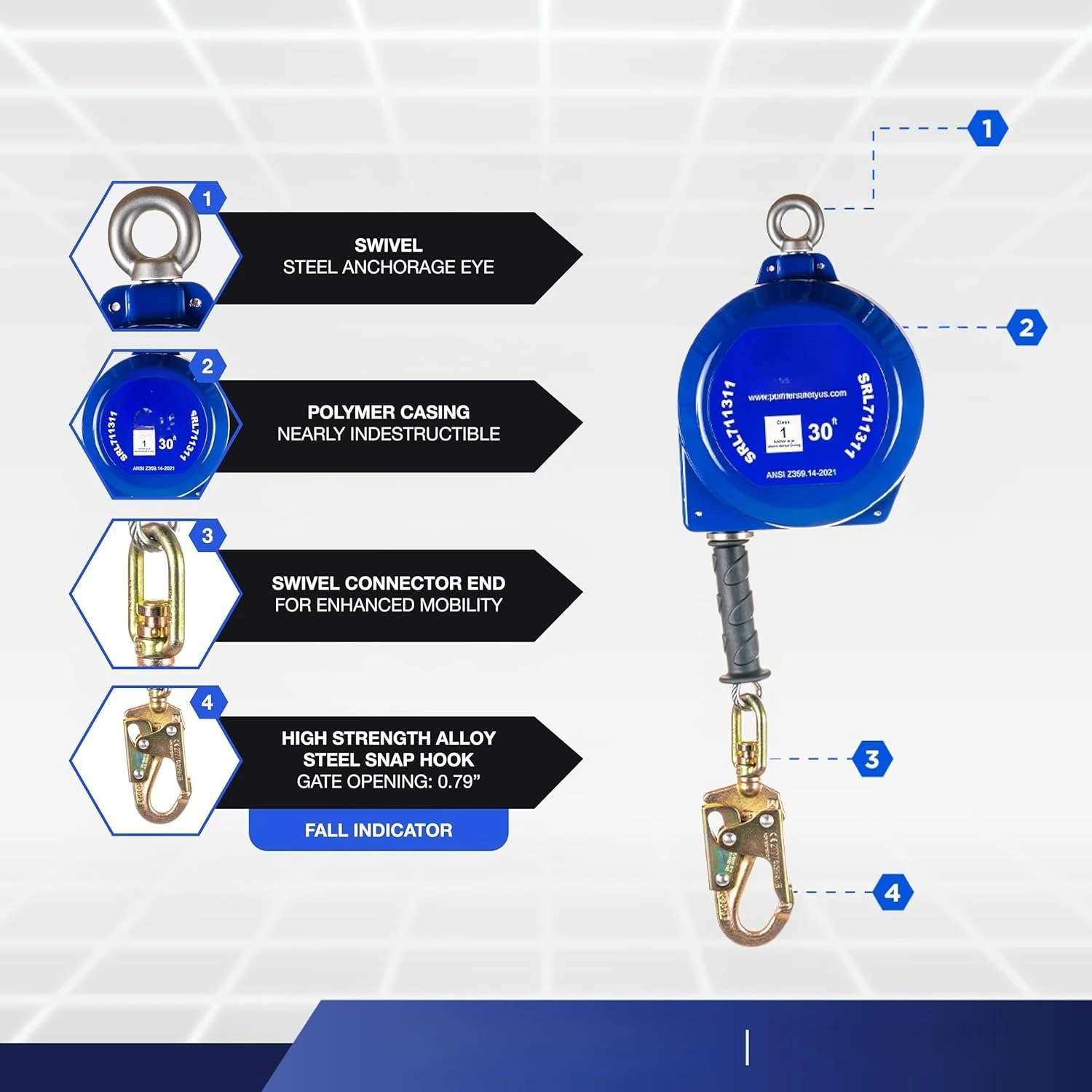 ريال سعودي 30 قدم. خط الحياة ذاتي التراجع I ANSI Z359.14-2021 فئة 1 I SRL كابل مجلفن علوي دوار #1