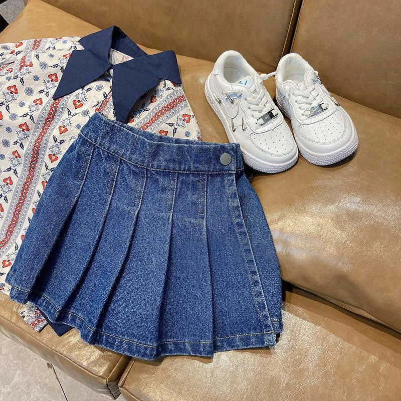 

2-7Y Girls Denim Skirt Children Summer Clothing Kids Baby High Waisted Washed Denim Pleated Skirt