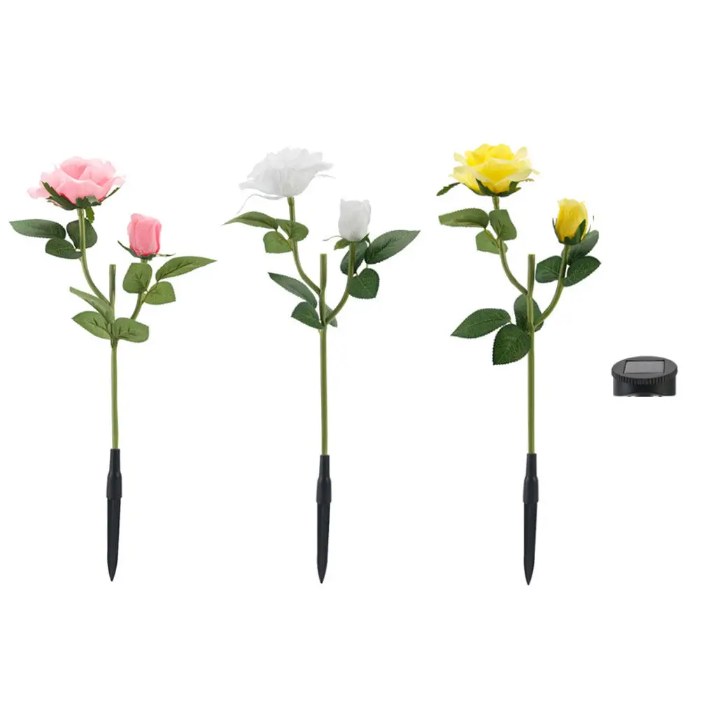 3 in 1 Solar Powered Rose Lamp 6 LED Realistic Flower Lights Garden Pathway Yard Patio Decor Waterproof Landscape Light Pink