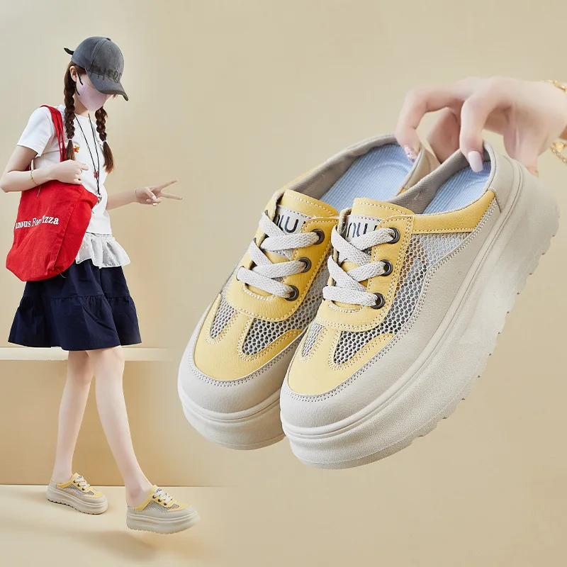 

5 см сетчатые сандалии с закрытым носком, получешки на платформе для женщин, туфли-лодочки, повседневные туфли-лодочки с полудрагибом, лоферы на толстой подошве, тапочки 2025