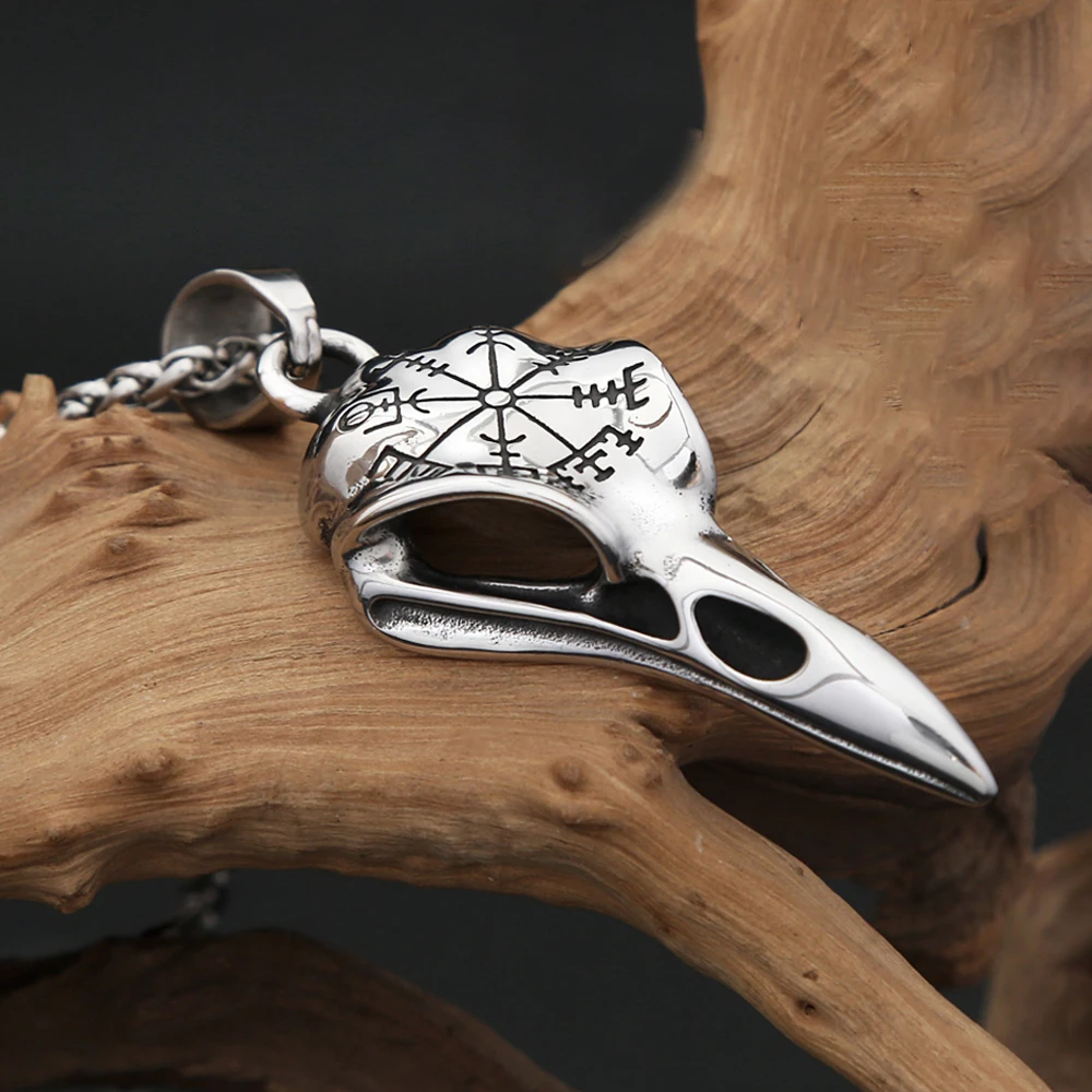 Vintage Fashion Vikings Compass Crow Head Pendant Necklace For Men Stainless Steel Nordic Animal Skull Necklaces Biker Jewelry