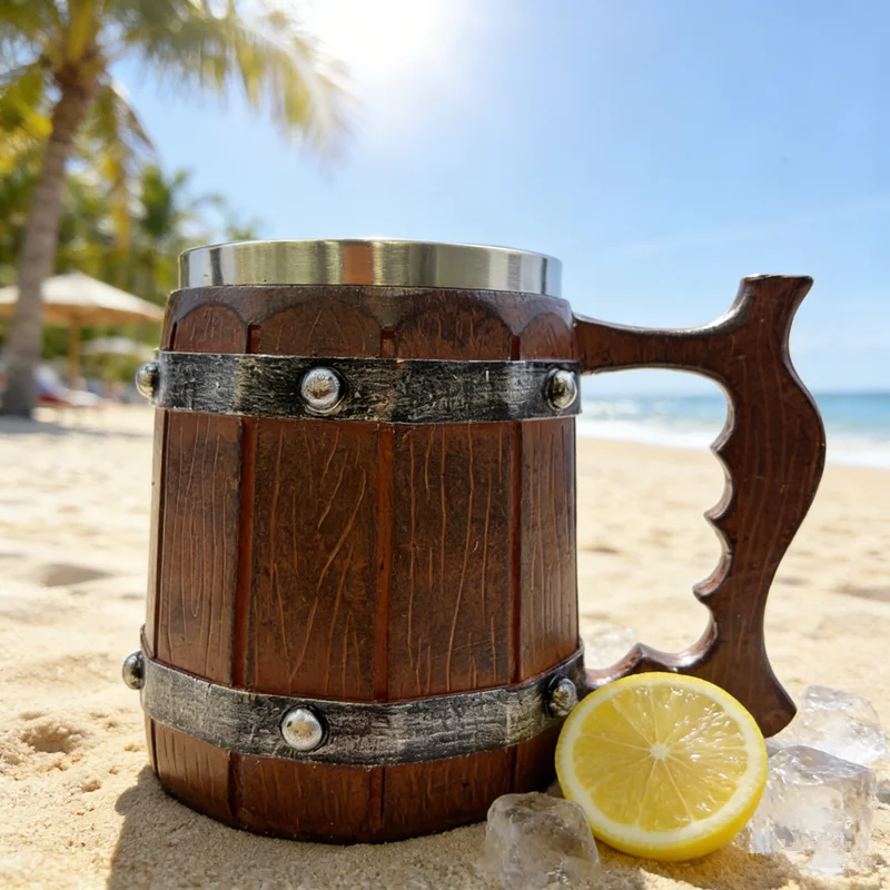 450ml/15oz Wooden Barrel Beer Mug, Viking Style Resin Tankard with Stainless Steel Liner, Vintage Wood Grain Coffee Cup, Drinkin