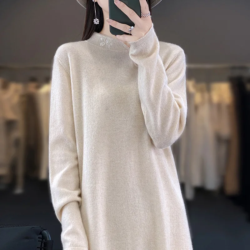 High Quality Women Loose Dress 100% Cashmere and Wool Knit V-neck Jumpers 2023 New Fashion Winter Lady  Pullovers NJ01