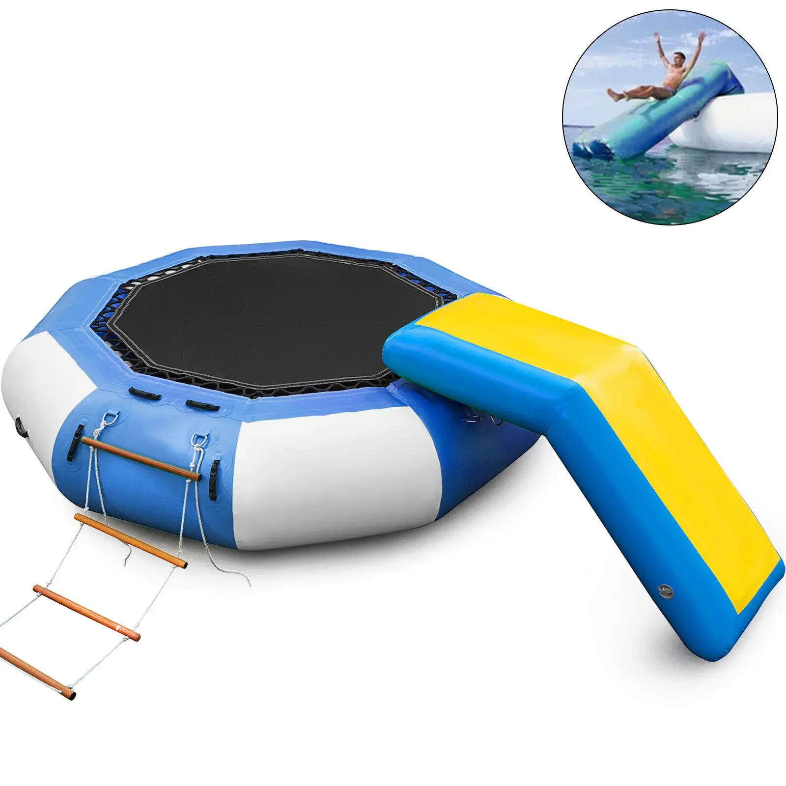Trampolín de agua inflable, lona de PVC, plataforma de rebote flotante, superficie lisa e impermeable con escalera para piscina y océano
