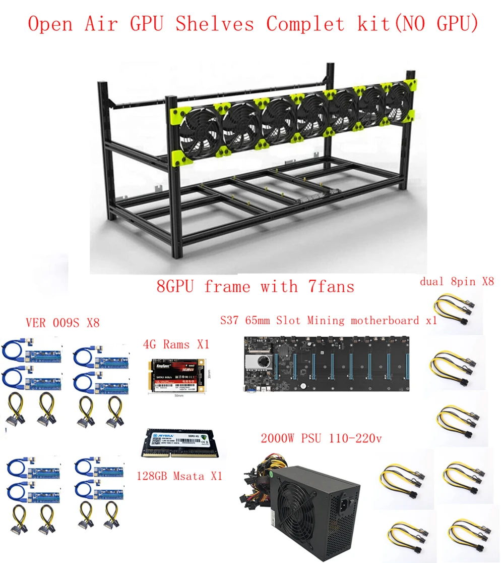 S8 GPU Open Frame With 7 Fans Open Air Shelves 2000W PSU+Riser Cards+Power Cable+S37 65mm Mining Motherboard+4GRAM128GB SSD