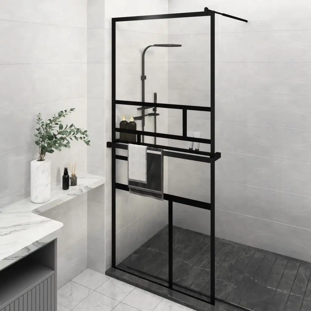 Black Walk-in Shower Wall with Shelf - 35.4x76.8 ESG Glass & Aluminum