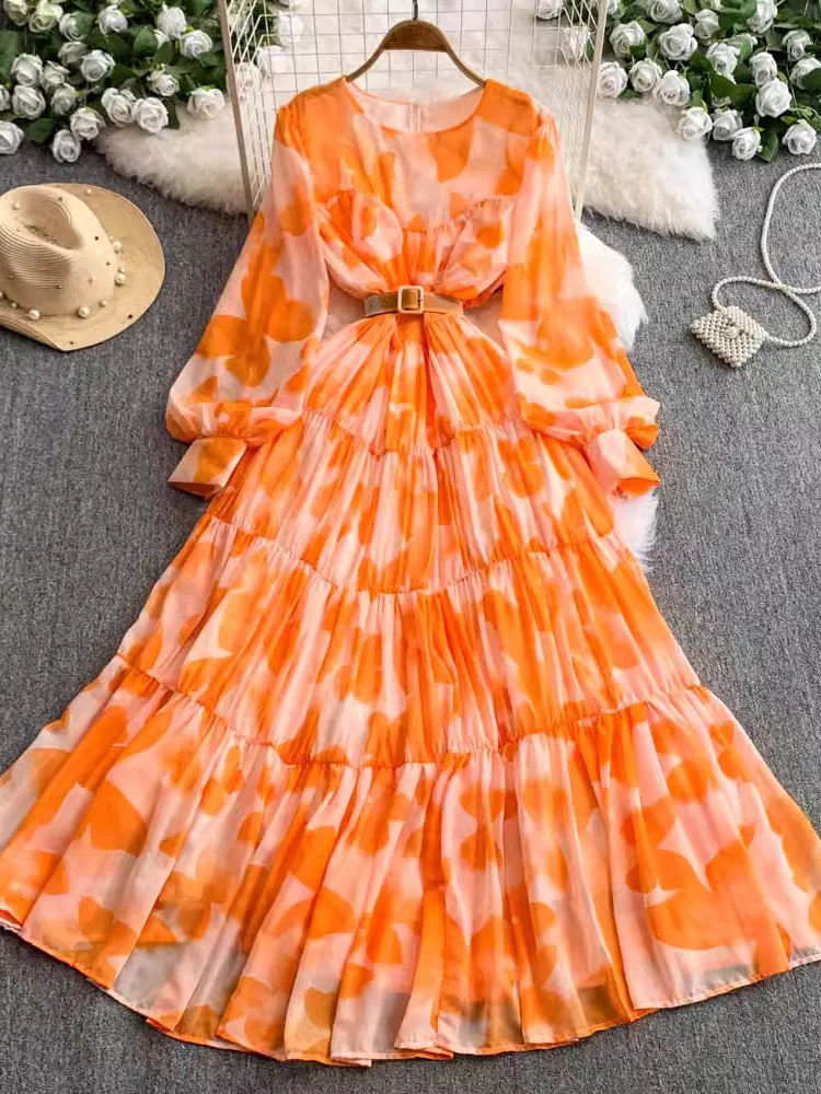 

Spring Summer Women Orange/Blue/Red/Green Printed Long Dress Elegant Round Neck Lantern Sleeve Maxi Vestidos Female Robe New