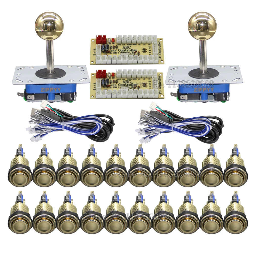 2 Player Set Arcade Zero Delay USB Board Gold/Silver Plated American Style Button Zippy Stype 8 Way Joystick For PC Rasberry Pi