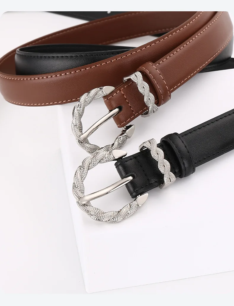 Women Cowhide Waist Belt Double‑Sided Construction Textured Snake‑Form Zinc Alloy Pin Buckle Durable Polished Fashion Hardware