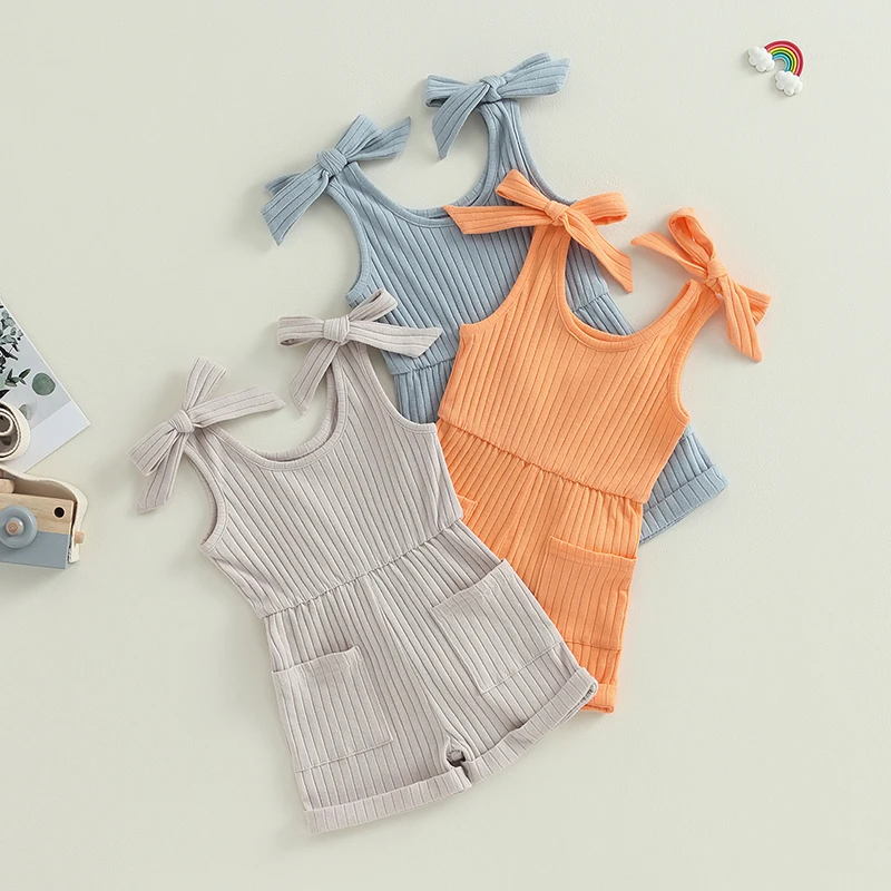 

Toddler Baby Girl Sleeveless Cotton Jumpsuit Solid Ribbed Knitted Romper Shorts Overalls Outfit Summer Clothes with Pockets