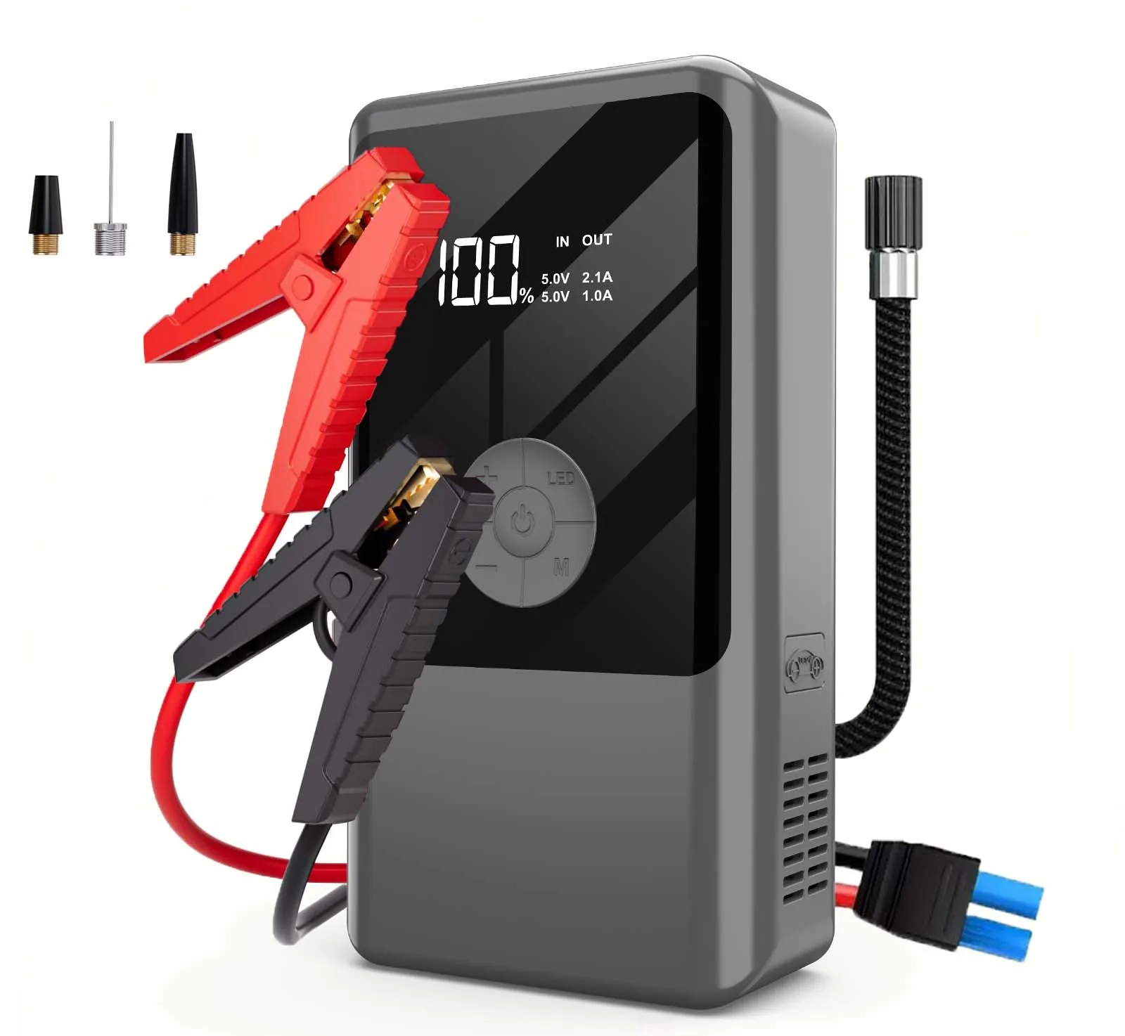 

Стартер 5-в-1 с воздушным компрессором, портативный аккумуляторный стартер 7000A 150PSI 29800 мАч, перезаряжаемый через USB, светодиодный фонарик