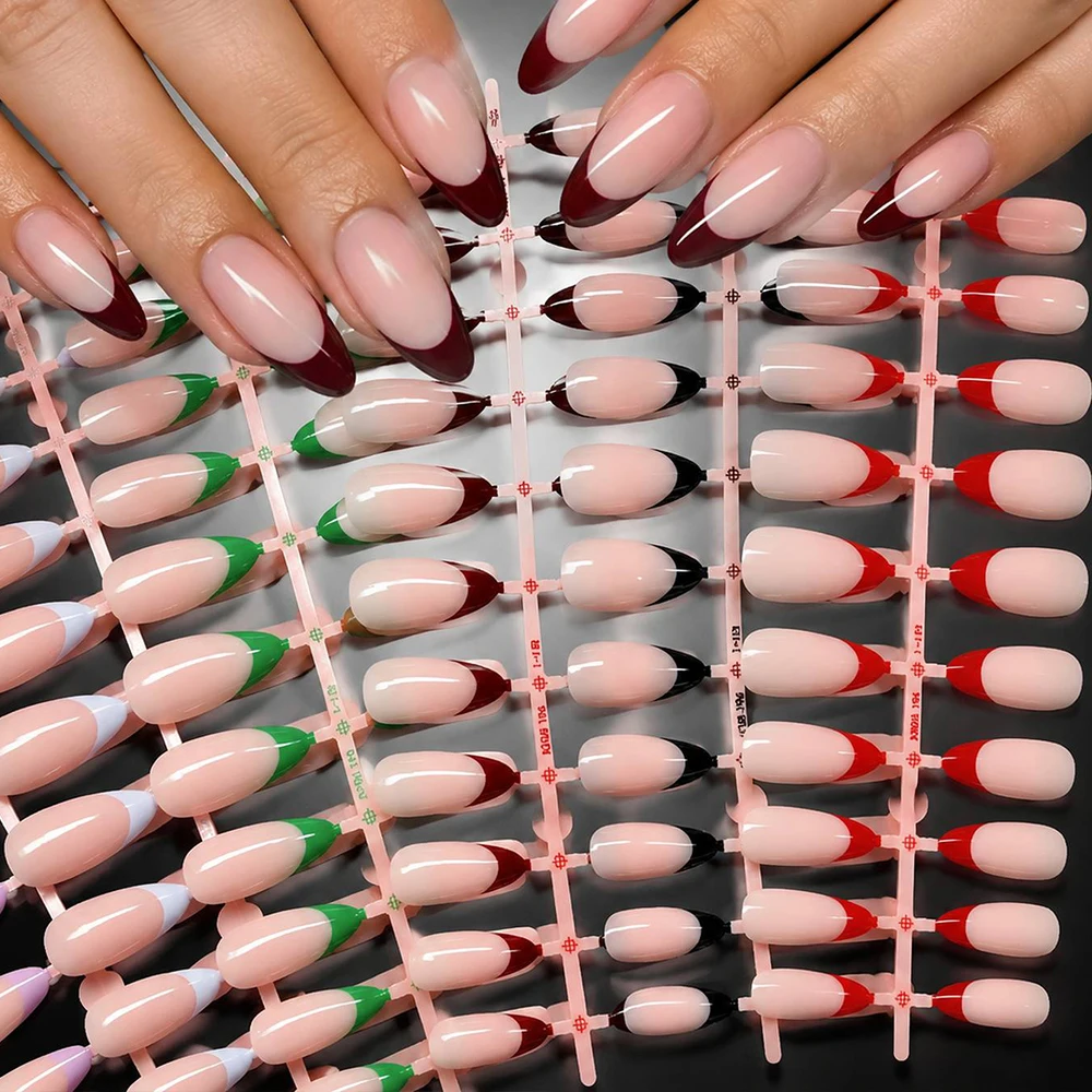 144Pcs High Gloss French Tip Almond Shaped Press On Nail Nude Pink Multicolor Almond Fake Nail Chic Style Almond False Nail