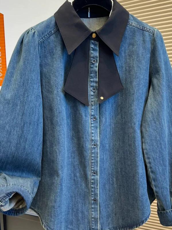 Anti-âge noeud ample Denim irt femmes printemps 2026 nouveau décontracté polyvalent Long col Sve boutonné manteau