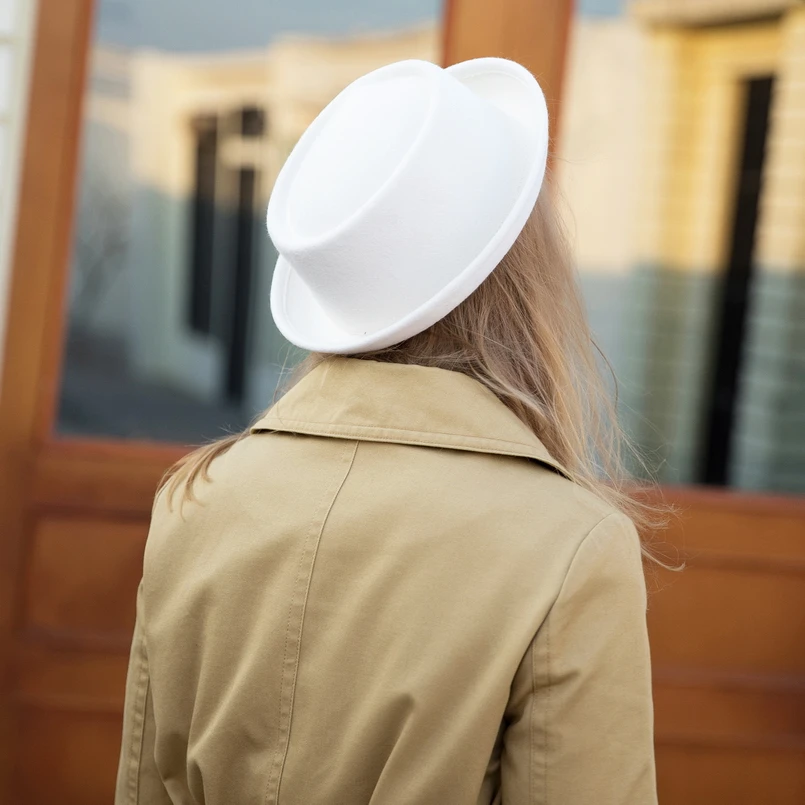 Klasik % 100% Yün Yumuşak Keçe Domuz Pie Şapka Fedora Erkekler Kadınlar için Sonbahar Kış Yün Şapka Kavisli Ağız Erkek Elbise Şapka