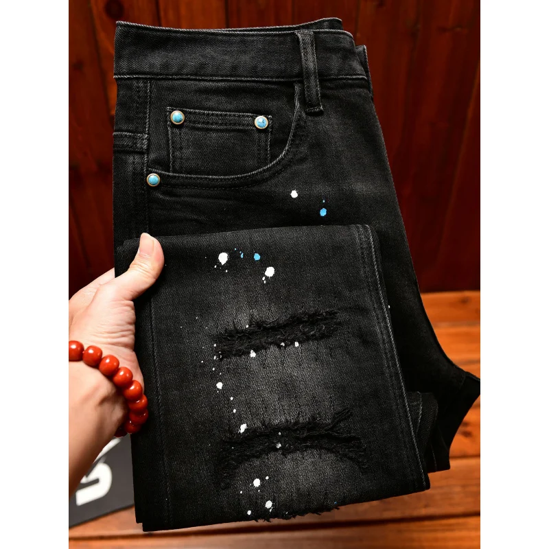 Autumn retro nostalgic jeans men's black distressed patch paint print slim fit small feet trendy street ruff handsome pants