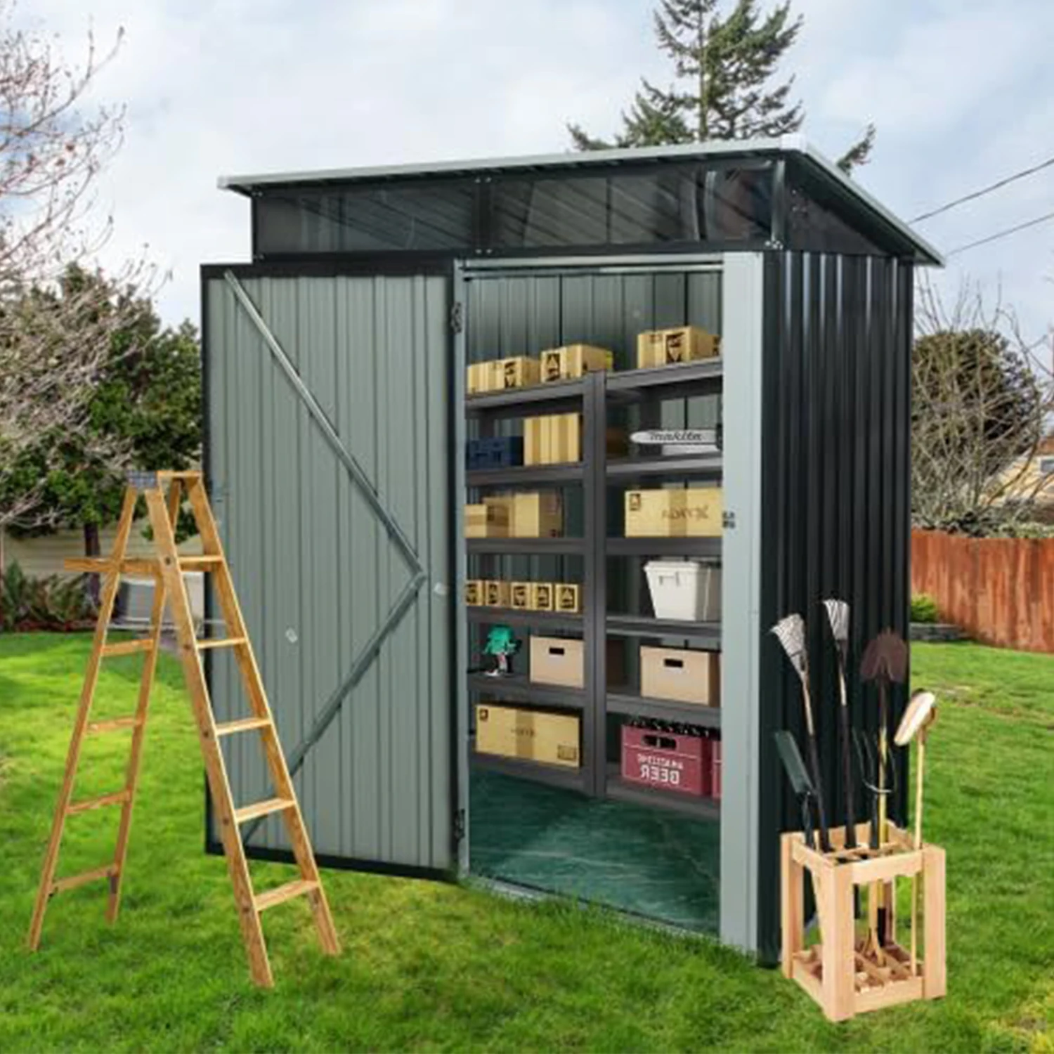 

5ft x 3ft Outdoor Storage Shed Galvanized Metal Garden Shed with Lockable Doors Tool Storage Shed for Patio Lawn Backyard Trash