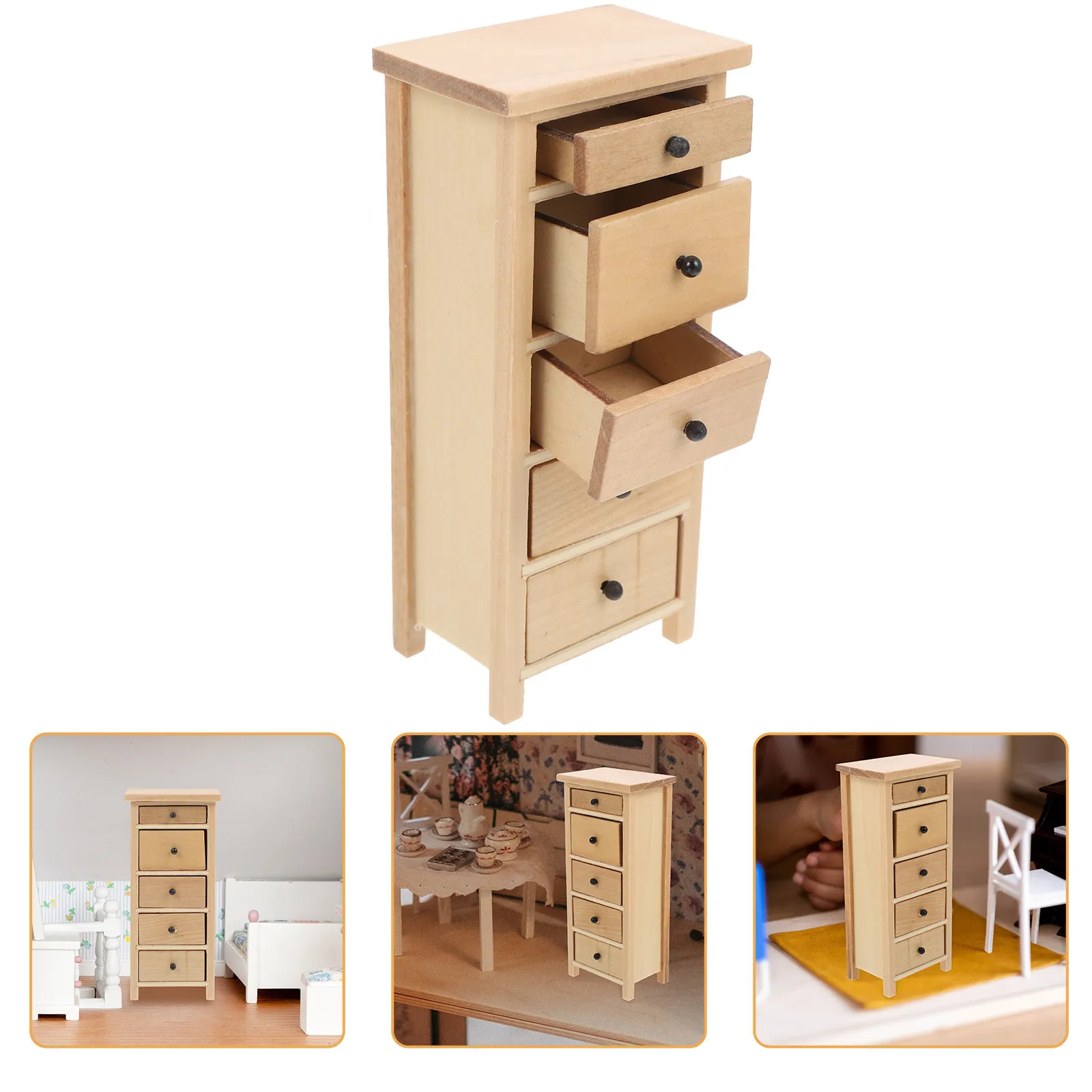 

-Drawer Wooden Cabinet Miniature Storage Cabinet Lifelike Mini Home Furniture Decorative Creative Dollhouse Accessories