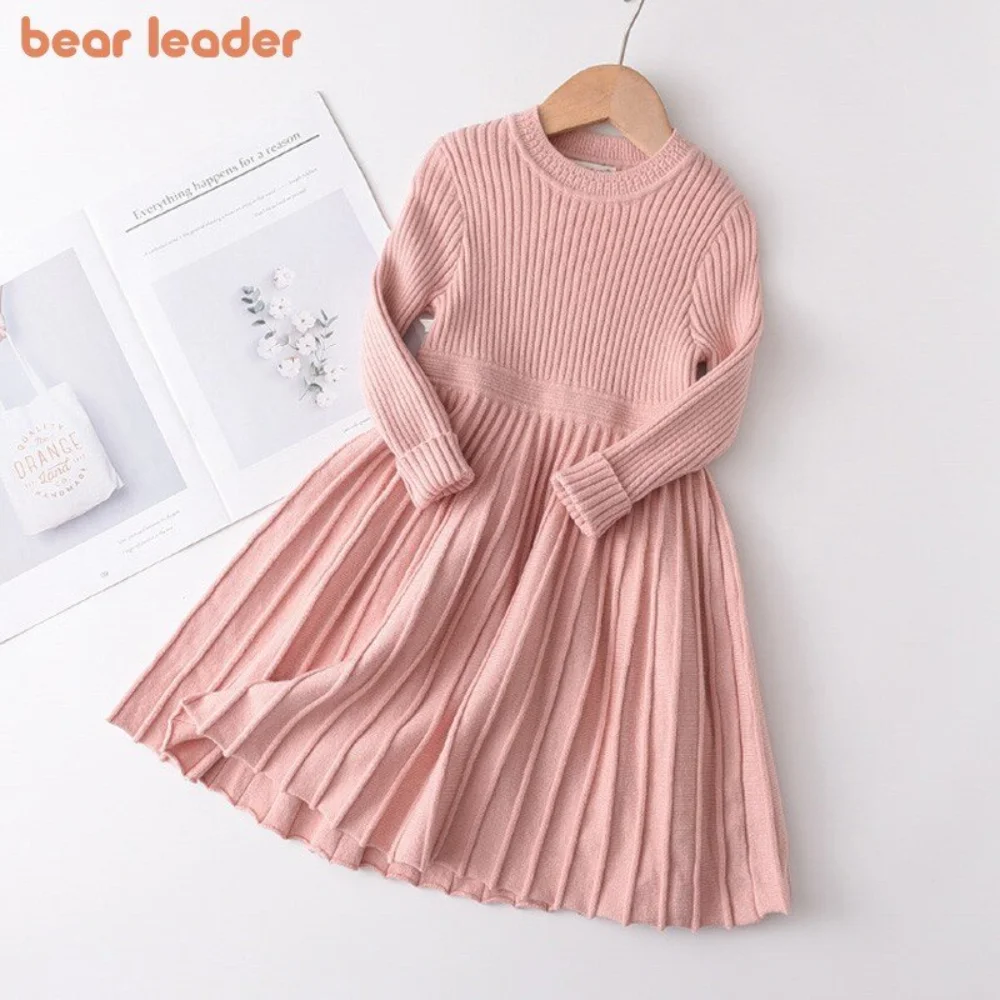 Bear Leader 2-6 Years Old Girls Knit Dress College Style Baby Girl Autumn Long Sleeve Dresses Kids Winter Solid Clothing