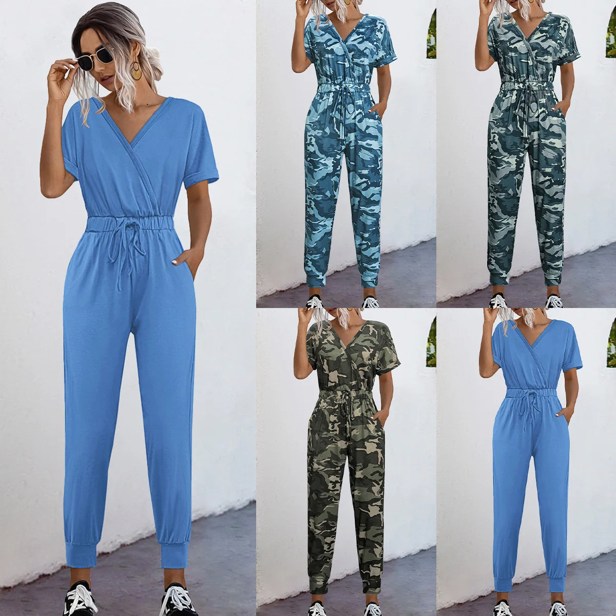 

Женский модный комбинезон с V-образным вырезом, приталенный комбинезон с принтом и перекрестными элементами, для отдыха и походов, весна-лето 2024