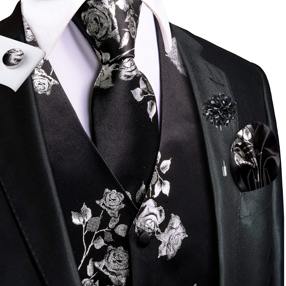 

Classic Silvery Black Silk Mens Vests Jacquard Waistcoat Tie Hanky Cufflinks Brooch Set for Male Wedding Formal Business Hi-Tie