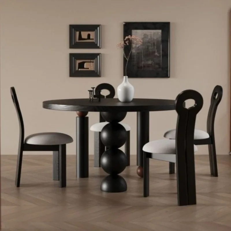 Creative designer, antique black solid wood dining table, round table for home use, French style without leather