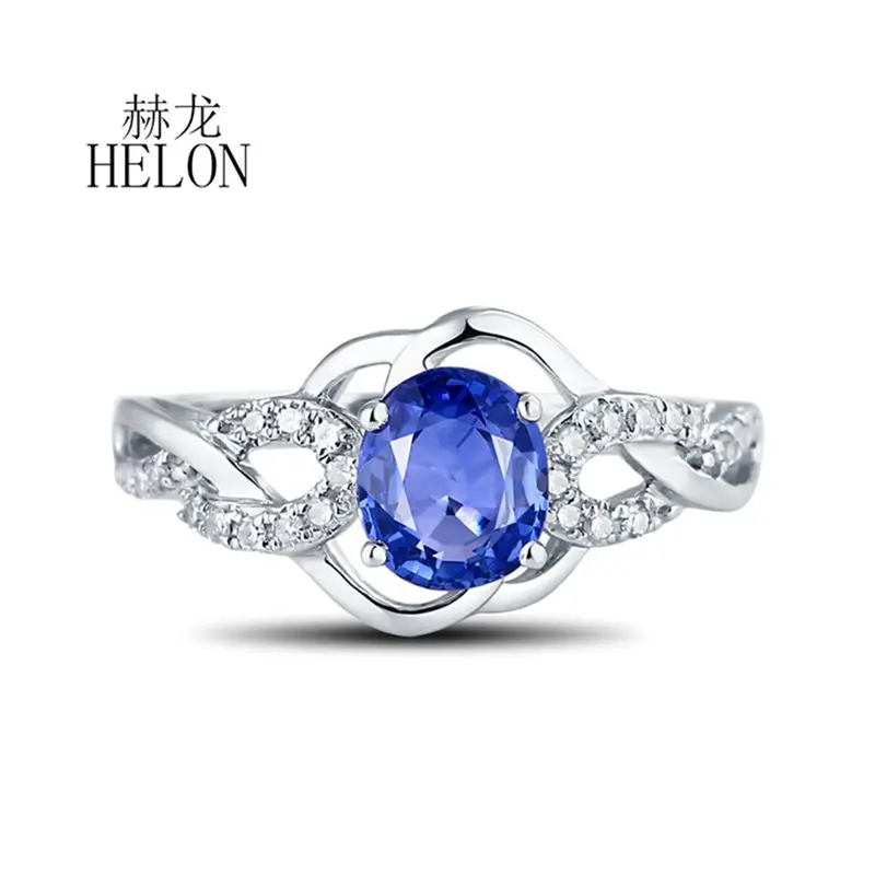 

HELON Solid 18K White Gold AU750 Oval 7x5mm Genuine Sapphire Diamonds Gemstone Women Trendy Fine Jewelry Engagement Ring