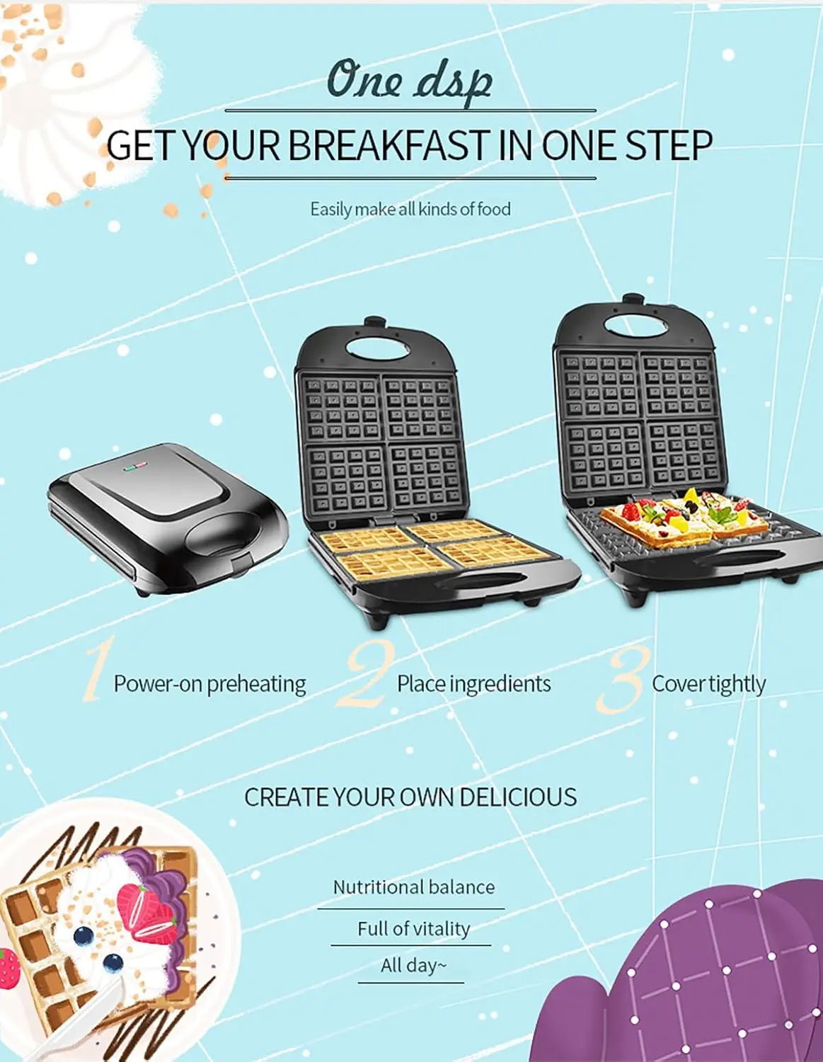 ماكينة صنع الوافل والمافن الخفيفة المنزلية الصغيرة على الوجهين، ماكينة الإفطار ساندويتش، أسود