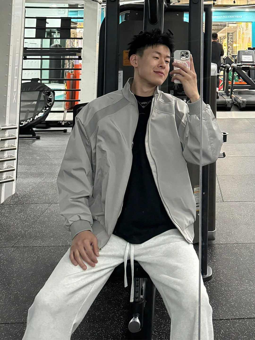 Grey Deconstructed Patchwork Flight Workwear Jacket Unisex Spring Season  Design Collar Shoulder Jack Baseball Uniform