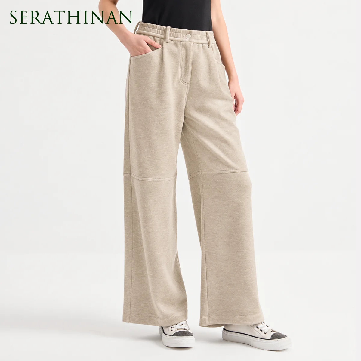 KT7624020 Women's Cashmere Blend Wide Leg Trousers Elastic Waist Knee Seam Chain Detail Old Money Early Autumn Fall