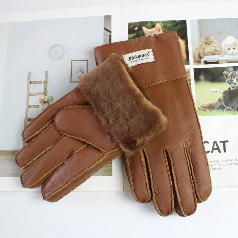 New winter warm men\'s sheepskin fur gloves leather thick wool outdoor wind and cold gloves