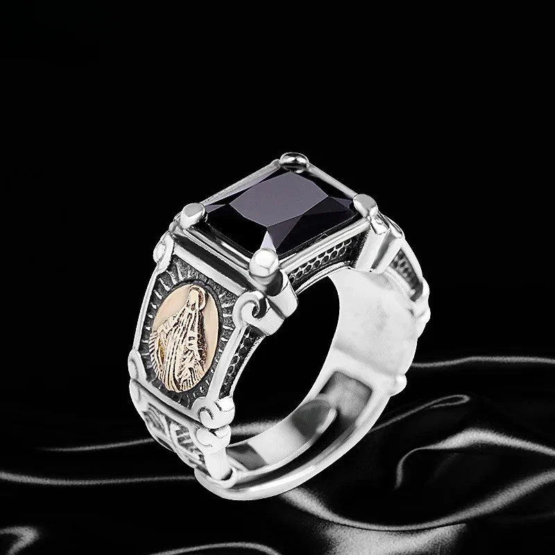 

New Real S925 Silver Jewelry Vintage Zircon Virgin Mary Trendy Men and Women Ring Holiday Gifts