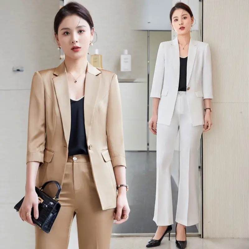 

Women's Summer Acetate Fabric Blazer Coat Flared Pants Two Piece 2024 New Fashion Business Wear Korean Elegant Suit Trouser Set