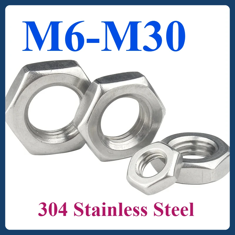 

M6-M30 304 Stainless Steel Fine Thread Hexagon Hex Thin Nuts Corrosion Resistant, 1/5/10/20/50pcs Ideal for Compact Machinery