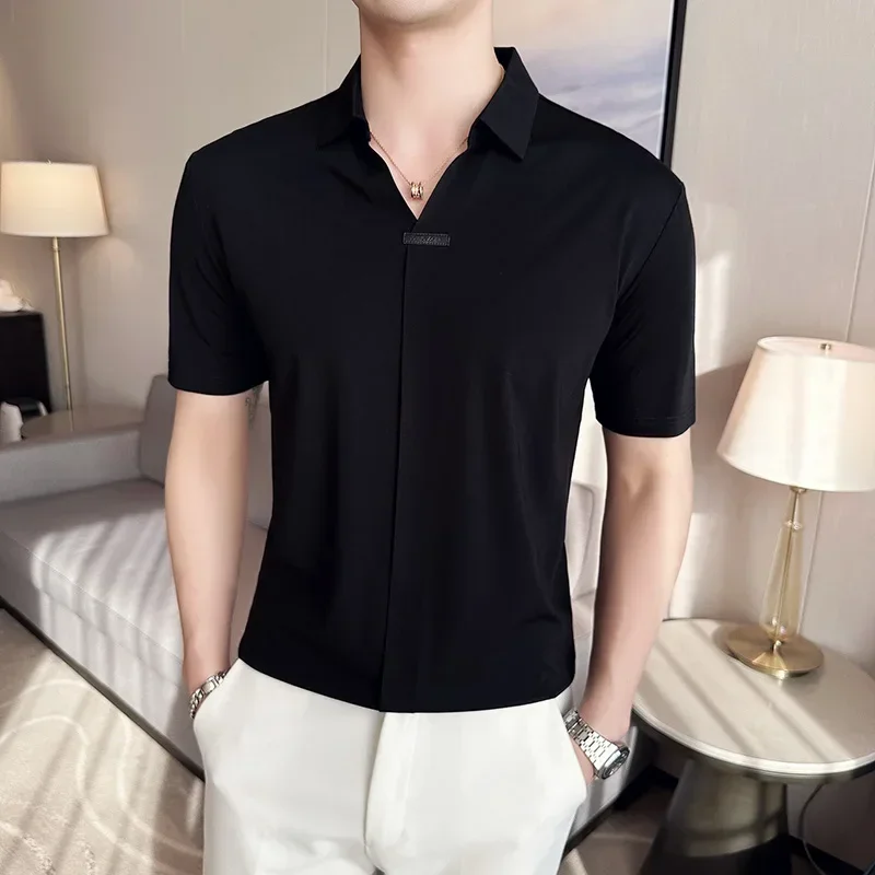 High Elasticity Mens Short Sleeved T-shirt 2026 Summer Breathable and Soft Solid Casual Slim Fit Ice Silk T-shirt Men Clothing