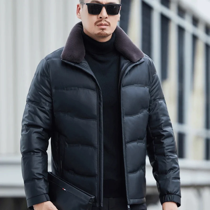 Men's YXL-6627 Winter Genuine Leather Coat New Down Sheepskin Lamb Collar Thickened