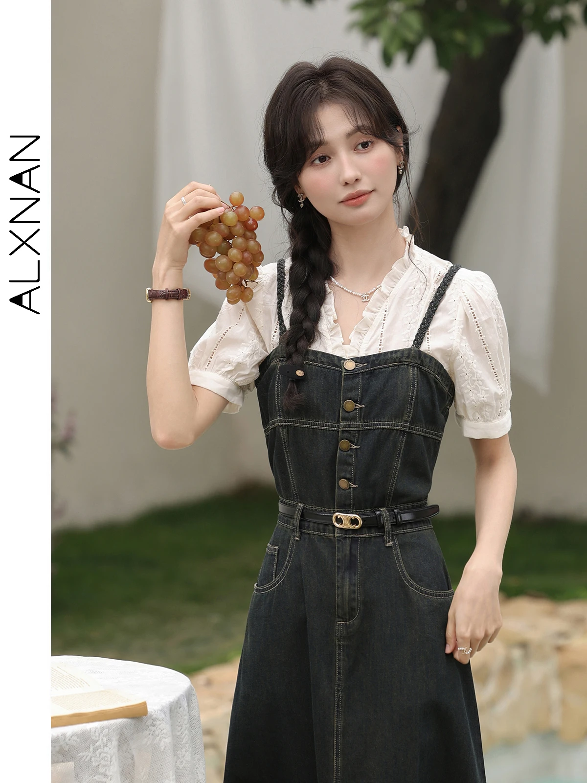 

ALXNAN Women's Shirt 2025 Summer Ruffled V-neck Cotton Blouses Light Apricot Elegant Office Ladies Short Sleeve Tops L53553CS