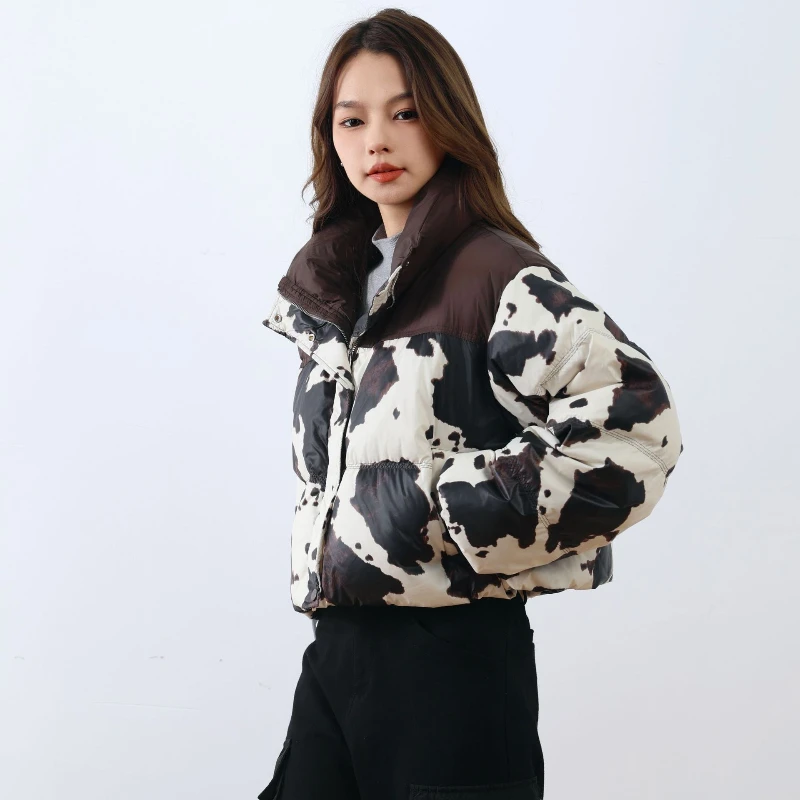 Short Down Jacket for Women, Color Clash, Retro Cow Prints, Trend Outerwears Stand-up Collar Thick Warm Coats Female Winter Coat