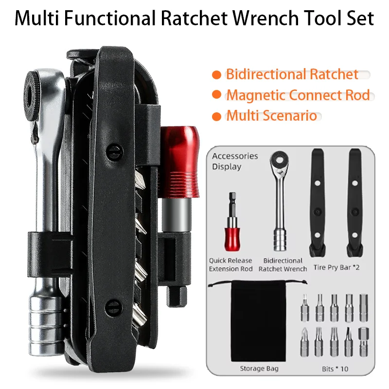 

BIKING Portable Ratchet Wrench Kit Multifunction Bicycle Tools 14 In 1 Multitool Set Tyre Lever MTB Road Bike Gadgets