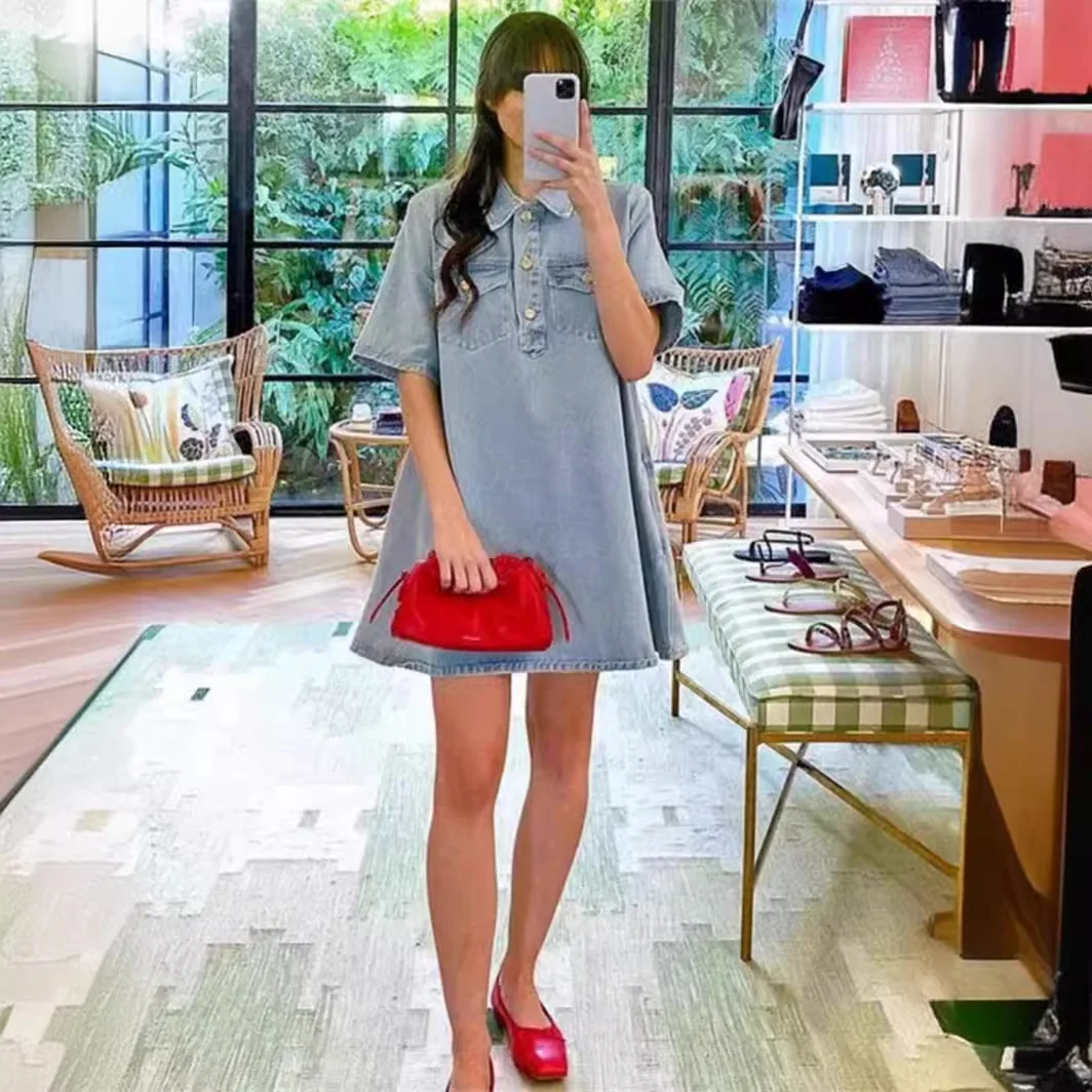 VEITCHE Women Retro Half Breasted Washed Denim Mini Dresses Fashion Casual Lapel Short Sleeves Loose Vestidos High Street Wear
