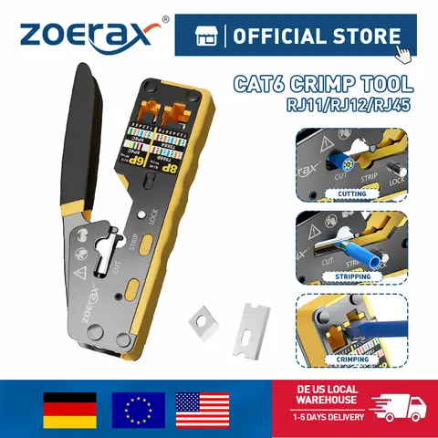 ZoeRax RJ45 Crimping Tool Pass Through Crimper for Cat6/5e/5 Ethernet Connector All-in-one Wire Tool With Replacement Blade