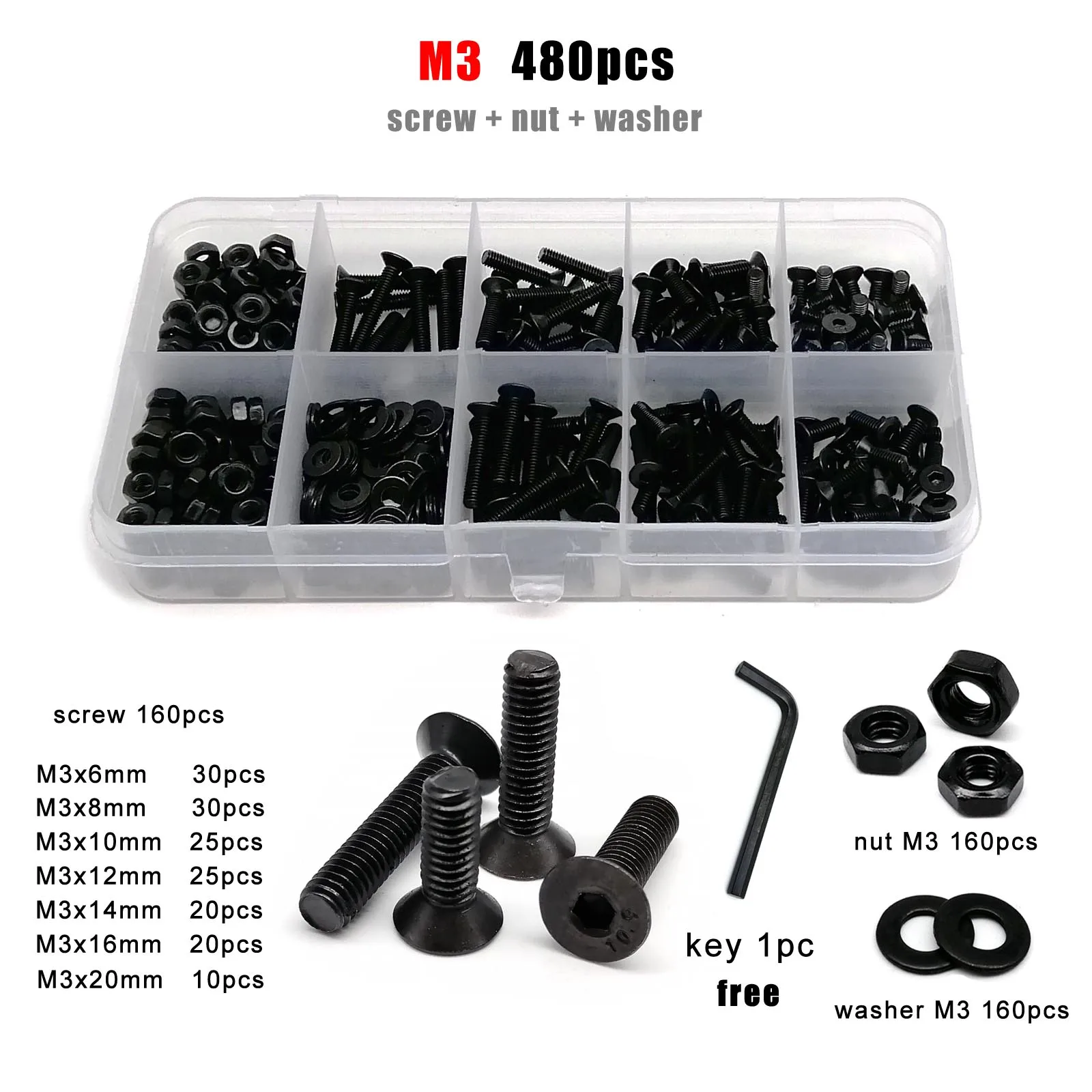1 Box M2 M2.5 M3 M4 M5 M6 M8 Hex Hexagon Socket Allen Flat Countersunk Head Screw Bolt Nut Assortment Kit Black Grade 10.9 Steel image 3