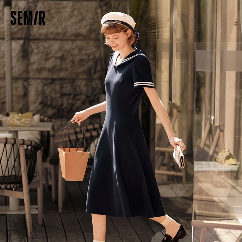 Semir Dress Women Navy Collar With A Collegiate And Artistic Style 2024 Summer New White Moonlight Waist-Cinched Long Dress