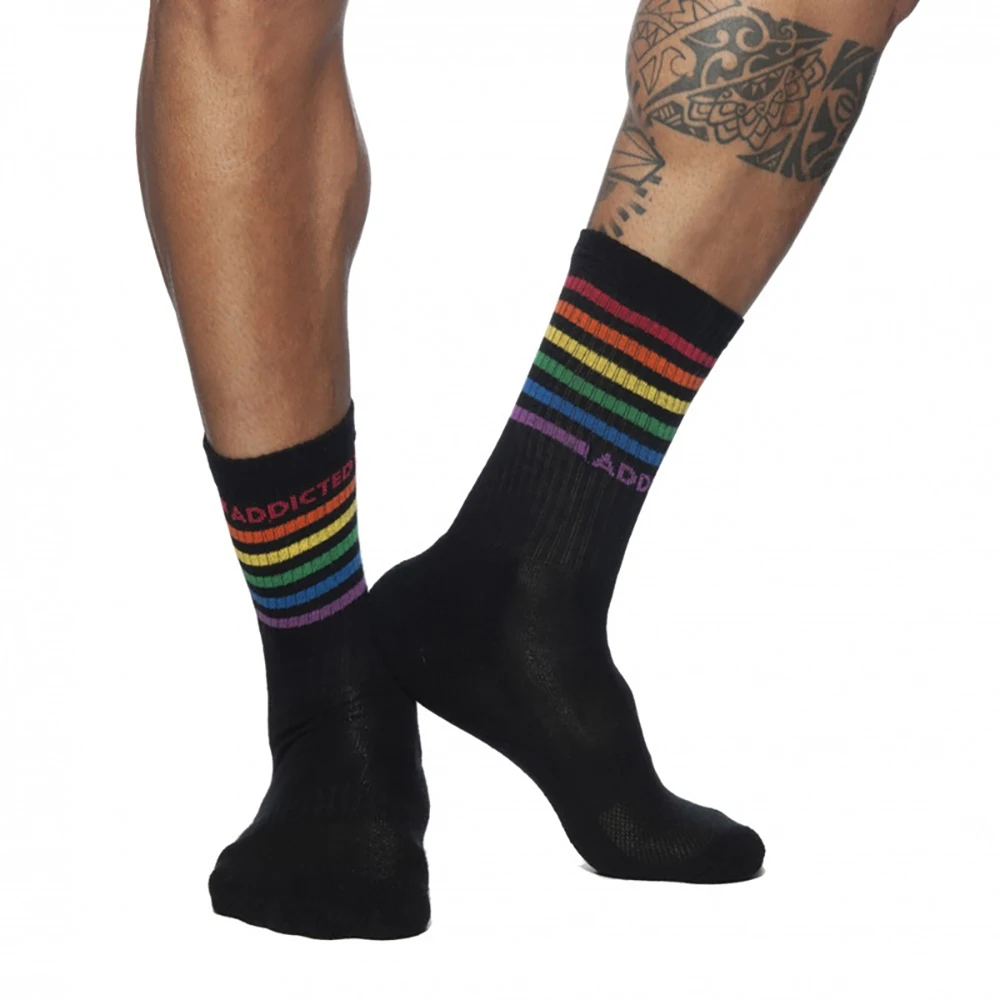 Men\'s New Rainbow Single Needle Pure Cotton Socks European American Fashion Fashion Sells Well Sweat Wicking Anti Friction Socks