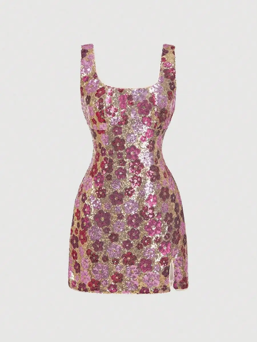 

Fuchsia Sequin Floral Embroidered Mini Dress For Women Party Wear