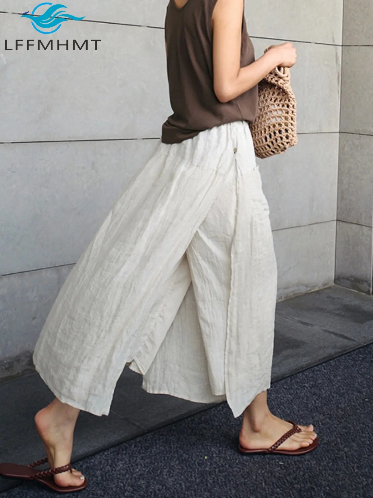 Women's Ankle Length Skirt Pants Summer Fashion Loose Casual Thin Fake Two-piece Cotton Linen Wide-leg Straight Trouser
