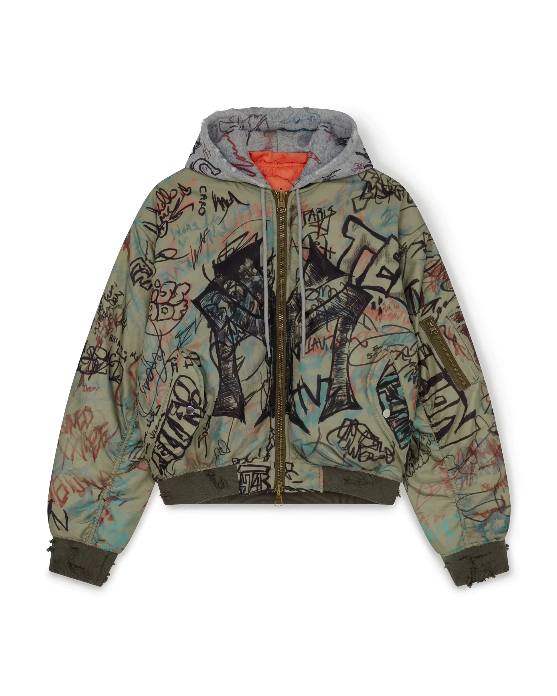 

Mowalola MY City Hand-Drawn Graffiti Destroyed Hooded Cotton Bomber Jacket Short Fashion Urban Loose Fit Men's Cotton Jacket