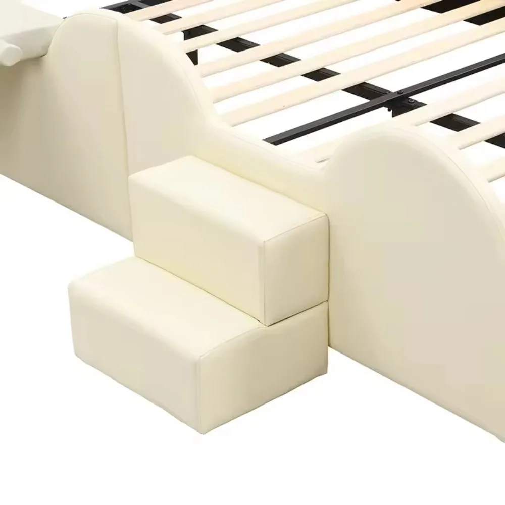 Children's soft mattress with slide and steps - bear ear headboard, safety guardrail, soft PU, children's bedroom child bed